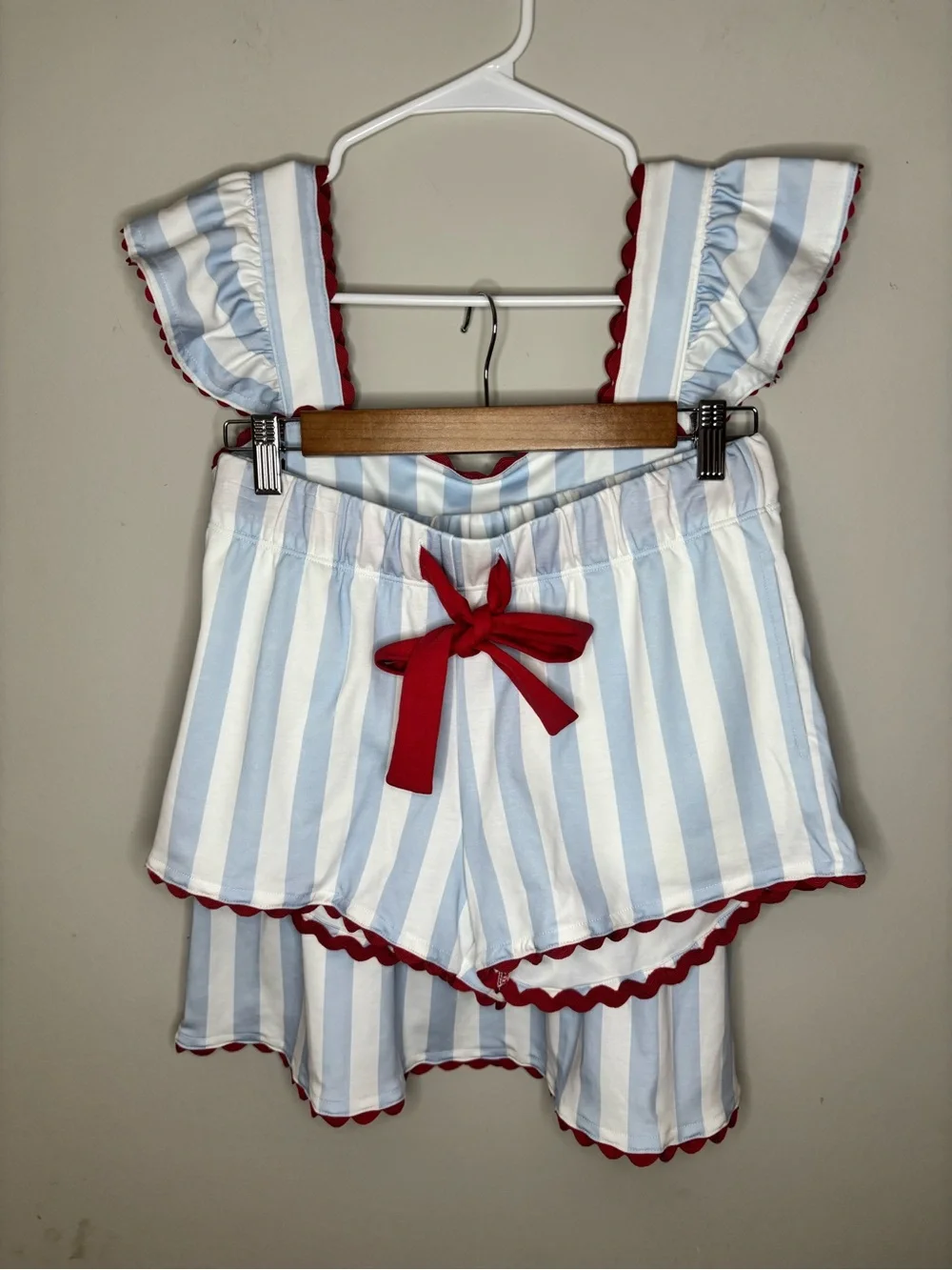 The Beaufort Bonnet Company Blue White Stripe Red Trim Pima Cotton Pajama Set XS